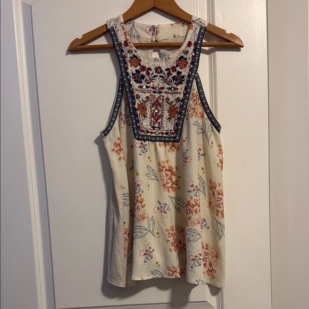 Jolt Cream and Blue Embellished Sleeveless Tank Top